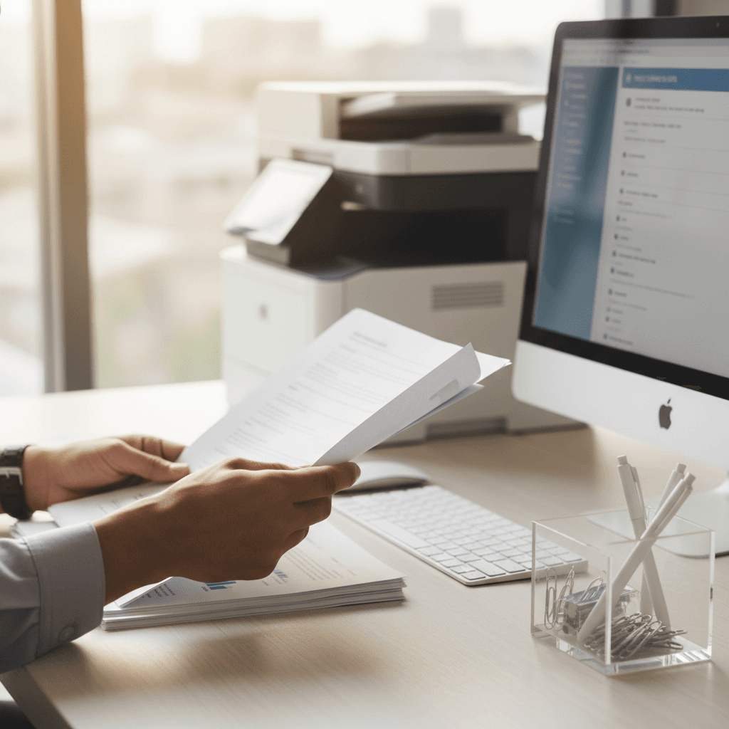 Administrative professional organizing documents at organized desk with printer and office supplies in bright, modern workspace