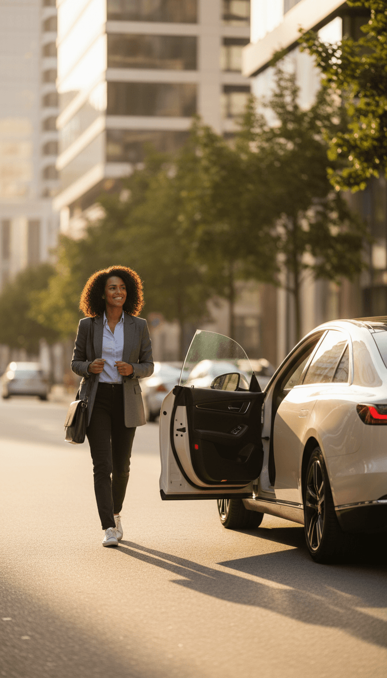 Professional passenger confidently approaching well-maintained sedan with open door on urban morning street