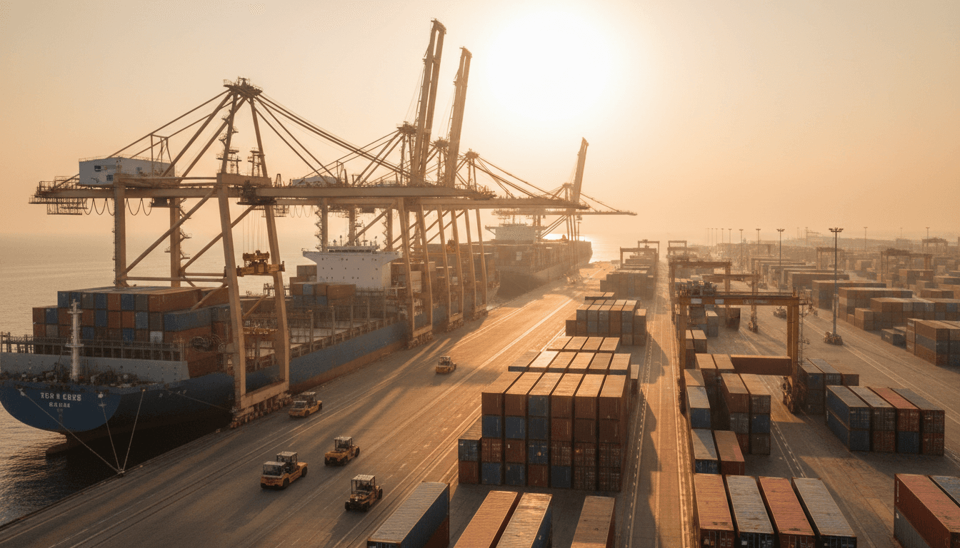Busy container port with cargo ships, loading cranes, and stacked containers at golden hour