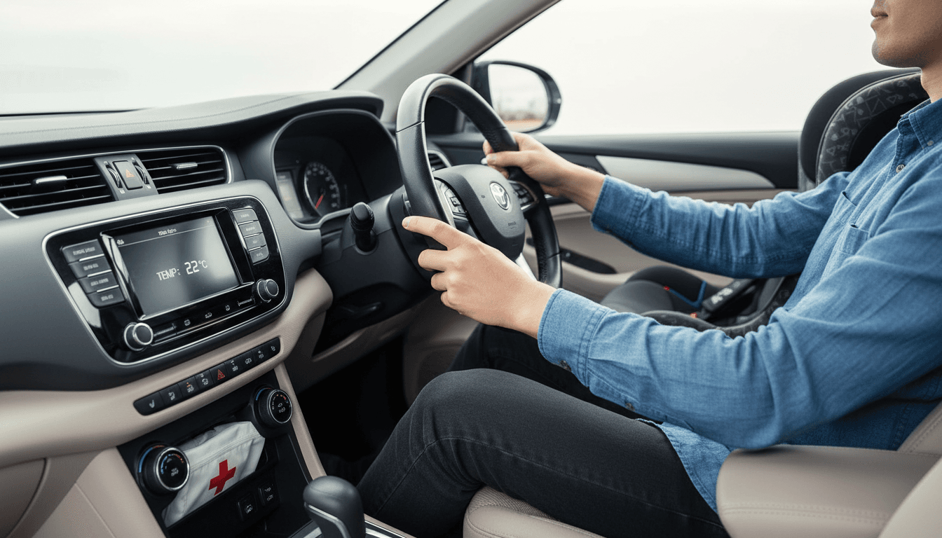 Professional driver hands on steering wheel of clean modern family vehicle with child car seat visible in background