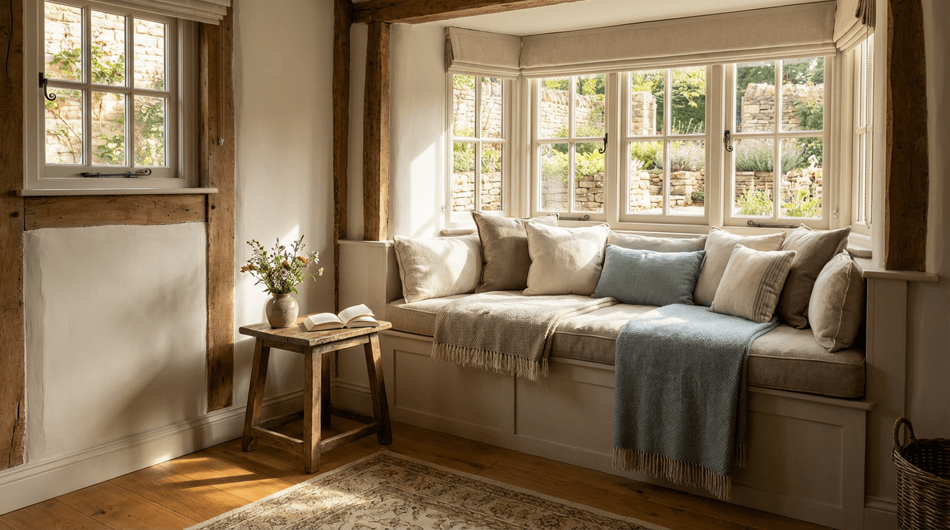 Cozy cottage reading nook with sunlit window seat, warm textiles, rustic beams, and inviting residential comfort.
