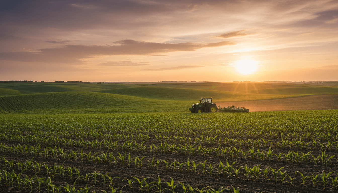 Wide landscape of mature green crop fields with farmer operating tractor during golden sunset hour