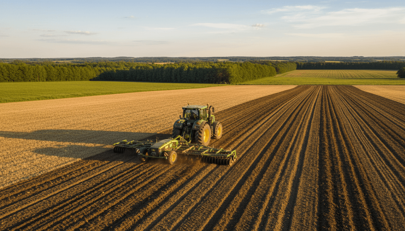 Large tractor with plow attachment working across expansive rural field creating dramatic rows under golden afternoon light
