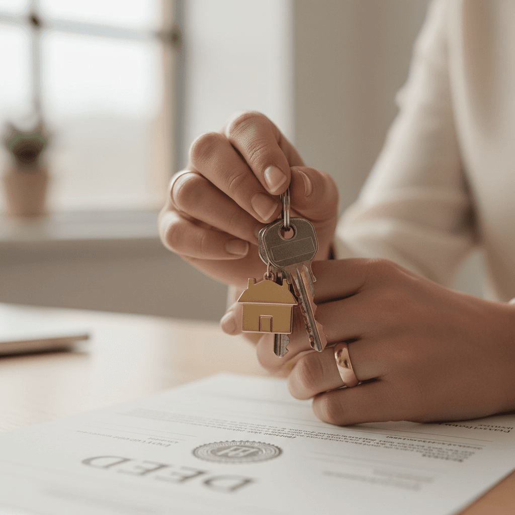 Client holding house keys with closing documents visible, celebrating successful home purchase and mortgage completion